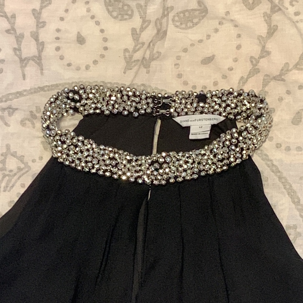 Diane Von Furstenberg Silk Lainey Embellished Neck Dress Black Size 12 - Picture 3 of 12